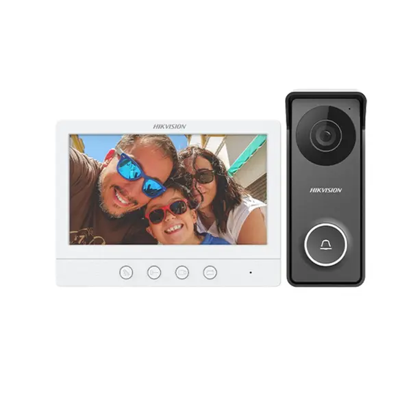 Kit videointerfon pe 4 fire Hikvision DS-KIS213, LCD 7 inch, 1 familie, aparent, plug & play