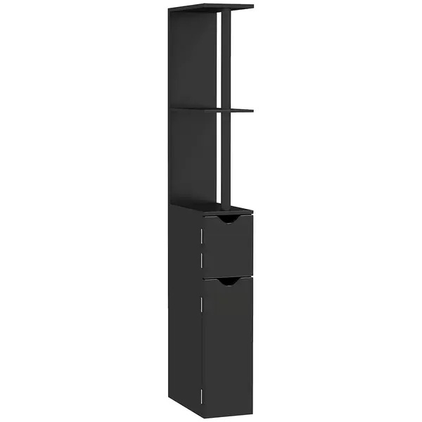Kleankin Coloană de Baie cu 2 Rafturi și 2 Dulapuri, Mobilier Înalt de Baie Spațios din MDF, 15,2x29,8x118 cm, Negru | Aosom Romania