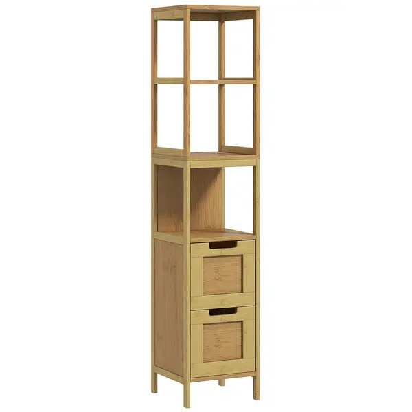 kleankin Dulap Baie Stil Natural dim. 30L x 30l x 144H cm 3 rafturi 2 sertare Bambus | Aosom Romania