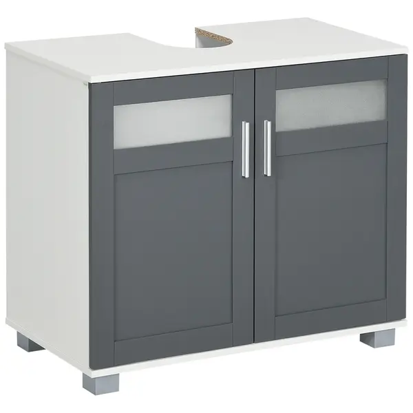 kleankin Dulap pentru sub lavoar Dulap de baie sub lavoar cu 2 uși din sticlă securizată 69x35x59 cm Alb și Gri | Aosom Romania
