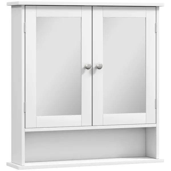 kleankin Dulap Suspendat pentru Baie cu 2 Uși cu Oglindă și Raft Deschis, Raft Interior Reglabil, Mânere Metalice, 56x13x58 cm, Alb | Aosom Romania