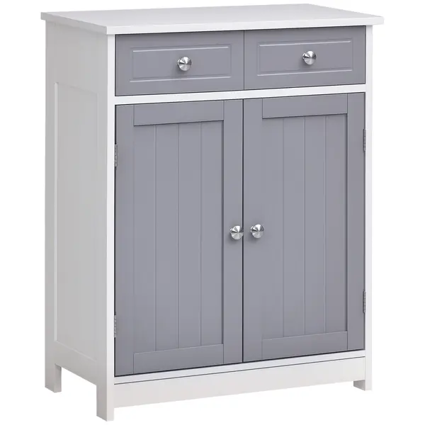 kleankin Mobilier de baie pe picior, dulap de baie 2 uși 2 sertare 60 x 30 x 75 cm gri și alb | Aosom Romania