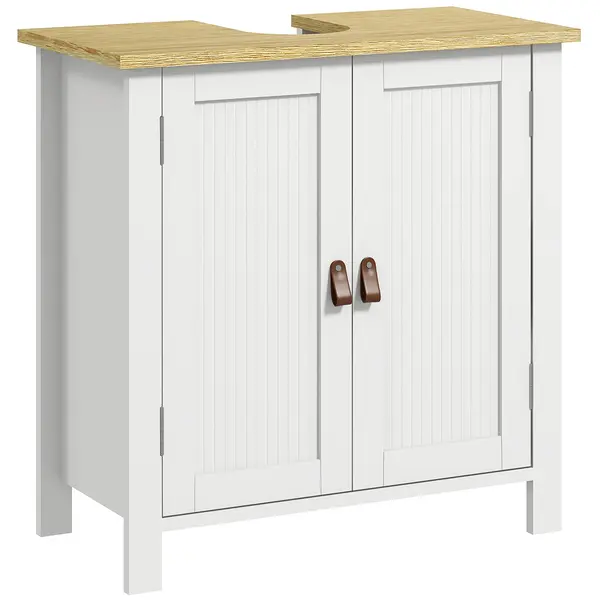 kleankin Mobilier sub-lavabo 2 usi raft reglabil 2 etaje interioare manere din PU 60 x 30 x 60 cm alb | Aosom Romania