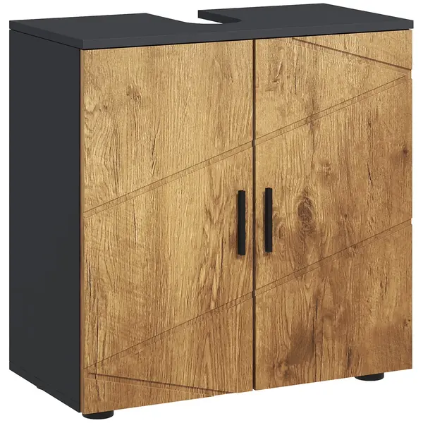 kleankin Mobilier sub vas lavabo mobilier de baie 2 usi cu raft 60 x 30 x 60 cm antracit si aspect lemn | Aosom Romania