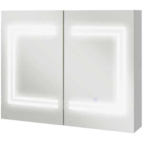 kleankin Oglindă Baie cu Dulap și LED, 80 x 65cm, Ușă Soft Close, Reglabilă pe 3 Culori, Rafturi Ajustabile, Alb Lucios | Aosom Romania