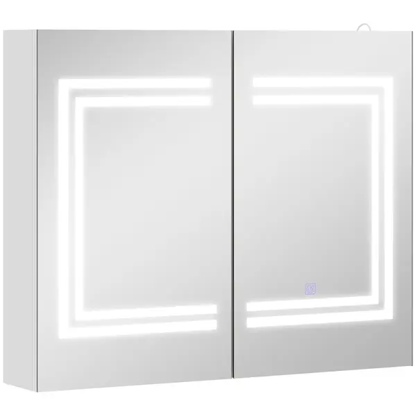 kleankin Oglindă Baie cu Dulap și LED, 80 x 65cm, Ușă Soft Close, Reglabilă pe 3 Culori, Rafturi Ajustabile, Alb Lucios | Aosom Romania