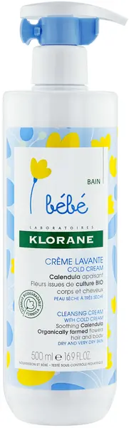 Klorane Bebe Calendula Cremă de spălat delicată pentru par și corp, 500 ml