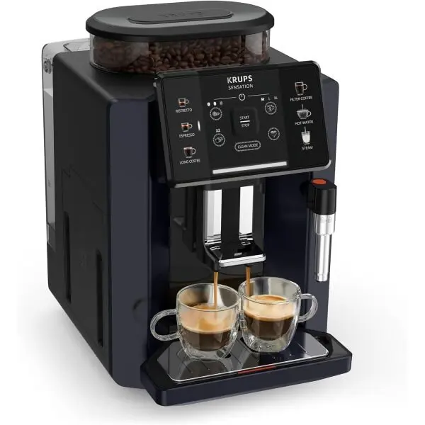 KRUPS Espressor automat KRUPS Sensation EA910B10, 5 retete, ecran tactil, presiune 15 bari, capacitate rezervor cafea 260g, duza de abur, 1450 W, Sistem Thermoblock Compact, negru & violet