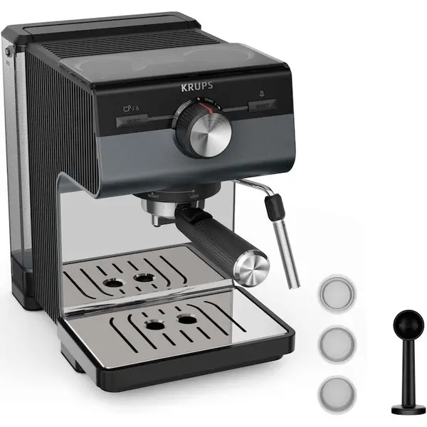 KRUPS Espressor manual Krups Authentic+ C80 XP384G10, 15 bari, rezervor apa detasabil 2 L, duza spumare lapte, functie apa fierbinte, compatibilitate paduri ESE, oprire automata, negru