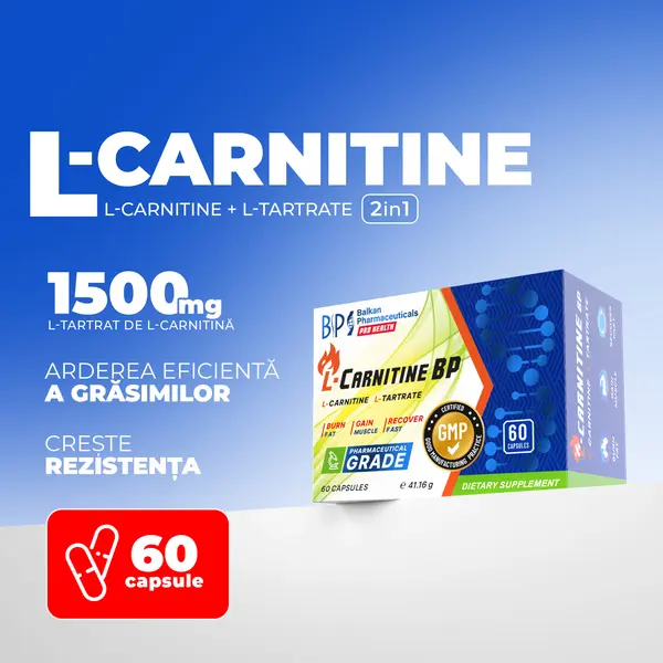L-Carnitine BP 500mg, 60 Capsule – Arzător de Grăsimi și Energie pentru fiecare (L-Tartrat)