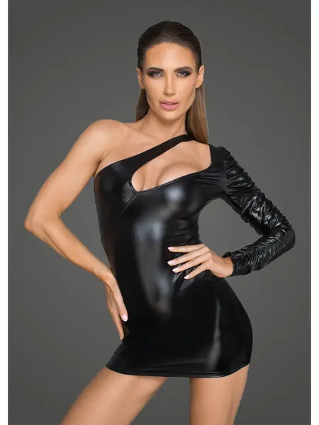 L - Rochie trendy din imitatie de piele F199 Negru