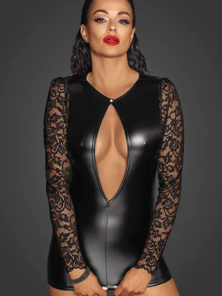 L - Rochie trendy din material lucios in combinatie cu dantela F253 Negru