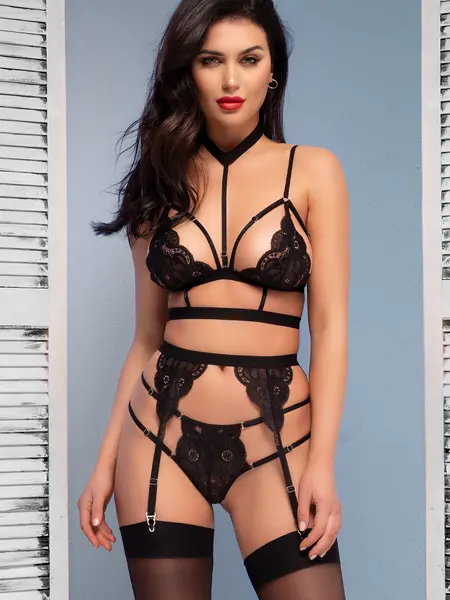 L - Set compus din sutien, portjartier, chilot si dresuri CR 4636 Negru