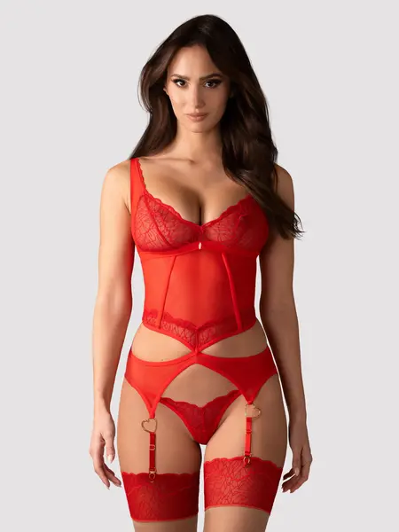 L/XL - Corset din tul si dantela cu chilot tanga inclus Cupide Desir Rosu