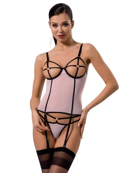 L/XL - Corset provocator cu portjartier detasabil si chilot string Hera p Roz