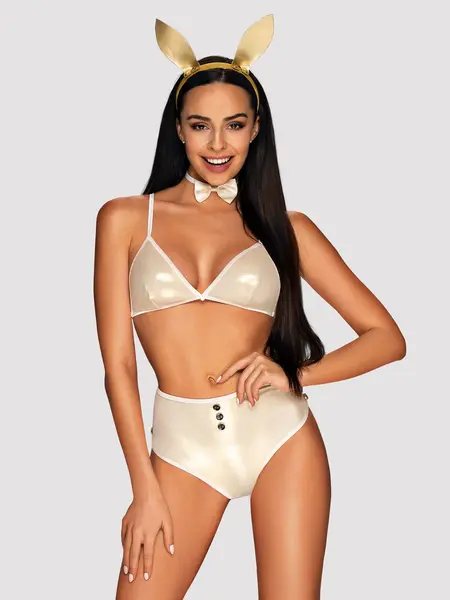 L/XL - Costum de iepuras compus din sutien, pantaloni, accesoriu gat si bentita cu urechi Neo Goldes Alb