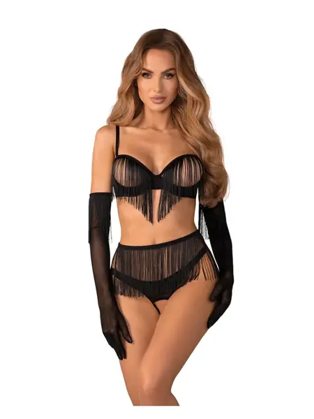 L/XL - Set negru cu design deschis, inclusiv mănuși asortate Rossay Black 4-PCS Crotchless Set Negru