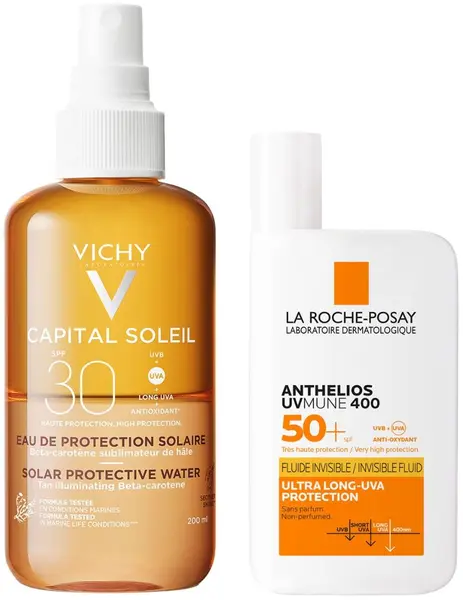 La Roche-Posay Anthelios & Vichy Capital Soleil Set - Fluid protector și apă de bronzare, 50 + 200 ml