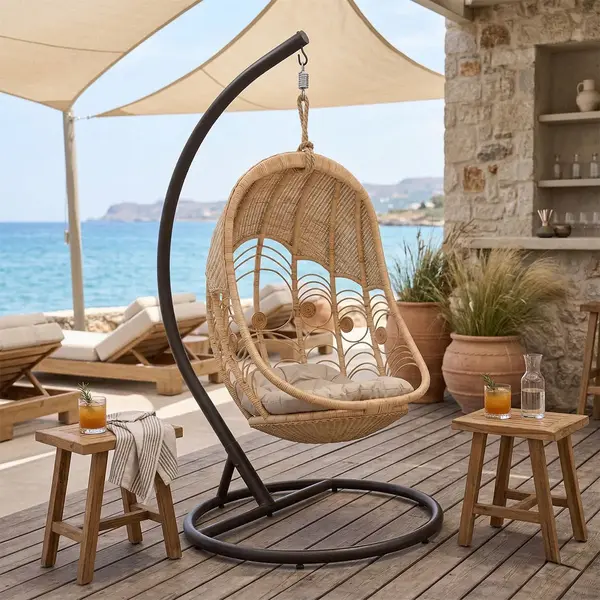 Labreone balansoar pakoworld ratan in culoarea natural-negru, metal-bej, perna 82x82x200cm Labreone balansoar Pakoworld ratan în culoarea natur - negru, metal bej, pernă 82x82x200 cm.