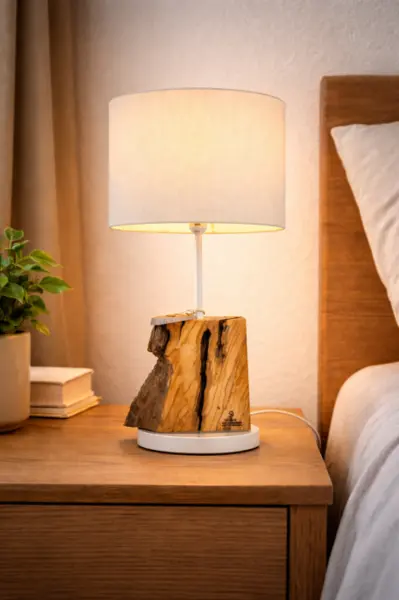 Lampa de masa din maslin masiv , abajur textil alb handmade