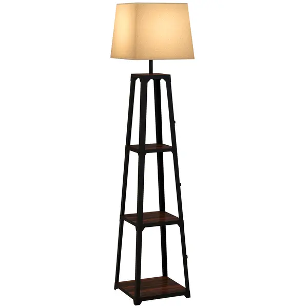 Lampa de Podea cu Rafturi, Inalta, Independenta, cu Abajur din Material Textil (Becul Nu Este Inclus), Nuc Maro si Bej, HOMCOM | Aosom Romania