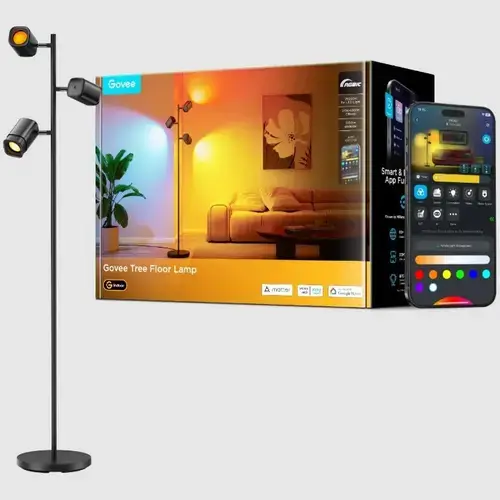 Lampa de podea smart RGBWWIC Govee „Tree Floor Lamp“ H60B2311, 3 brate luminoase controlate independent, 2700K-6500K, Wi-Fi 2.4GHz, Bluetooth, Control vocal, Alexa, Google Assistant, Matter, clasa energetica G