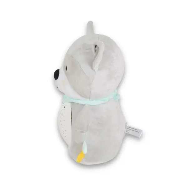 Lampa de veghe pentru camera copii Moni Snuggly Racoon cu sunete albe,10 melodii linistitoare si sunete ale naturii,Volum reglabil,Oprire automata dupa 20 minute,Material plus moale,Proiector detasabil utilizare individuala