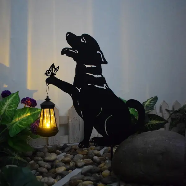 Lampa solara de gradina, decoratiune metalica, Caine