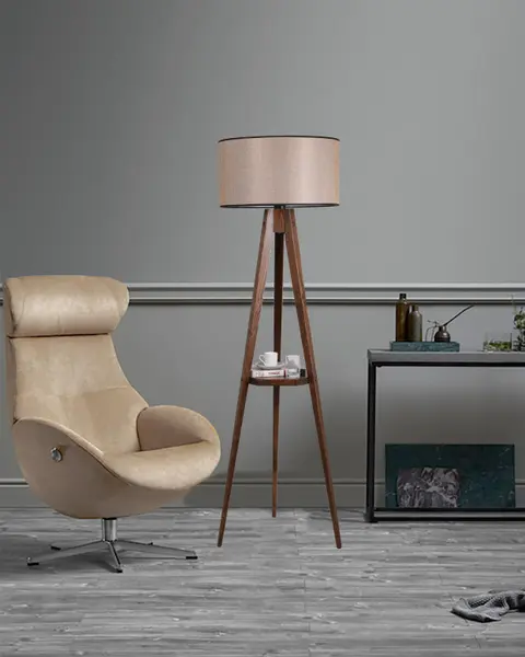 Lampadar Sehbalı Tripod Ceviz Lambader Silindir Açık Hasır Abajurlu Nuc
