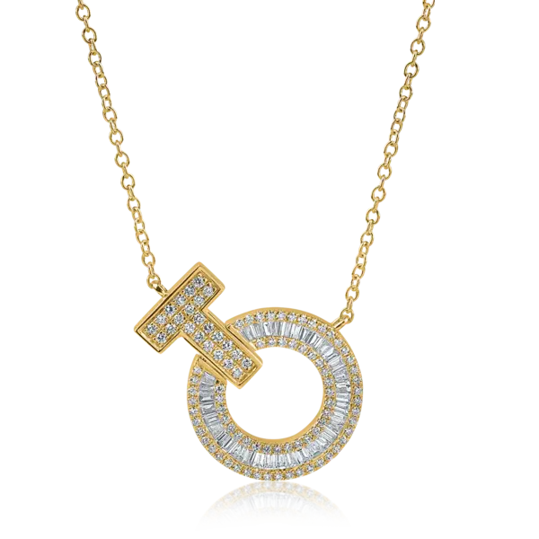 Lant cu pandantiv cerc din aur galben cu diamante baguette si rotunde de 0.6ct