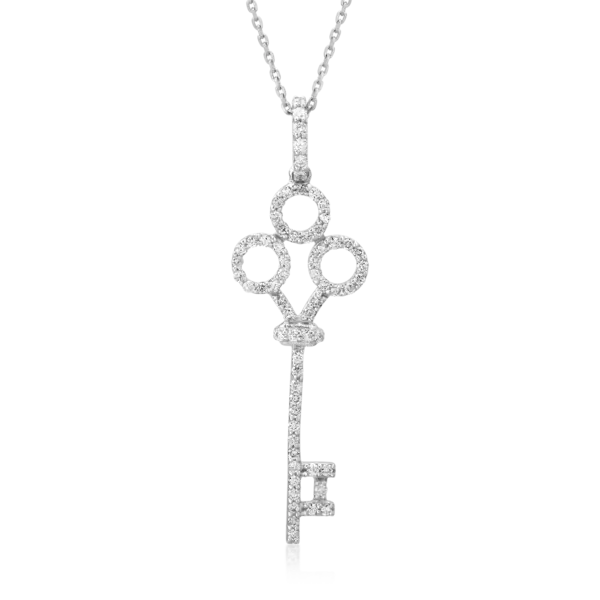 Lant cu pandantiv cheie din aur alb cu diamante de 0.18ct
