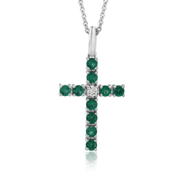 Lant cu pandantiv cruce din aur alb cu diamant de 0.05ct si smaralde de 0.48ct
