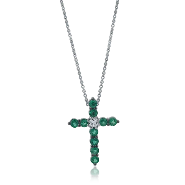 Lant cu pandantiv cruce din aur alb cu diamant si smaralde de 1.41ct