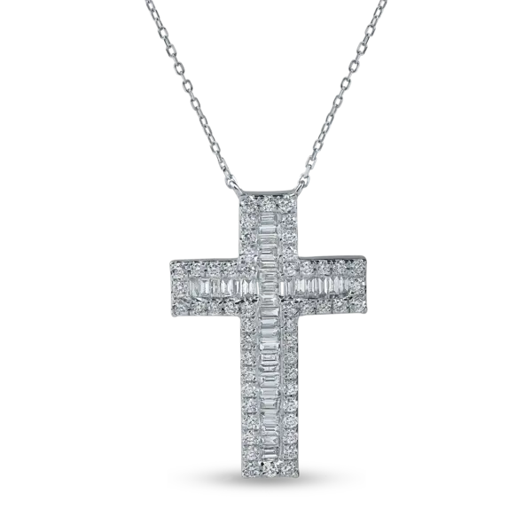 Lant cu pandantiv cruce din aur alb cu diamante baguette si rotunde de 0.7ct
