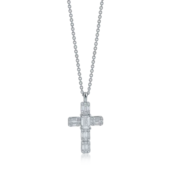 Lant cu pandantiv cruce din aur alb cu diamante baguette si rotunde de 1.1ct