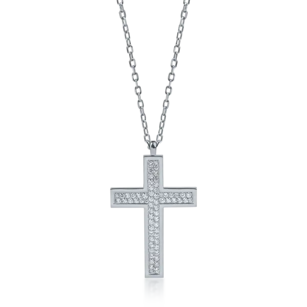 Lant cu pandantiv cruce din aur alb cu diamante de 0.65ct