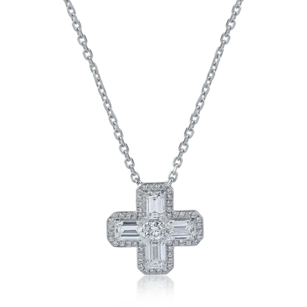Lant cu pandantiv cruce din aur alb cu diamante emerald si rotunde de 0.9ct
