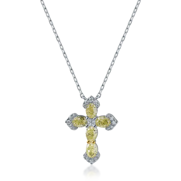 Lant cu pandantiv cruce din aur alb cu diamante galbene ovale de 1.25ct si diamante incolore princess si rotunde de 0.13ct