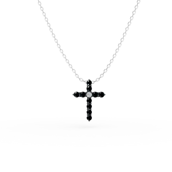 Lant cu pandantiv cruce din aur alb cu diamante incolore de 0.01ct si diamante negre de 0.09ct