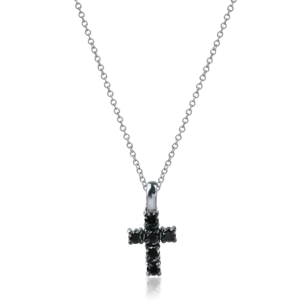 Lant cu pandantiv cruce din aur alb cu diamante negre de 0.3ct