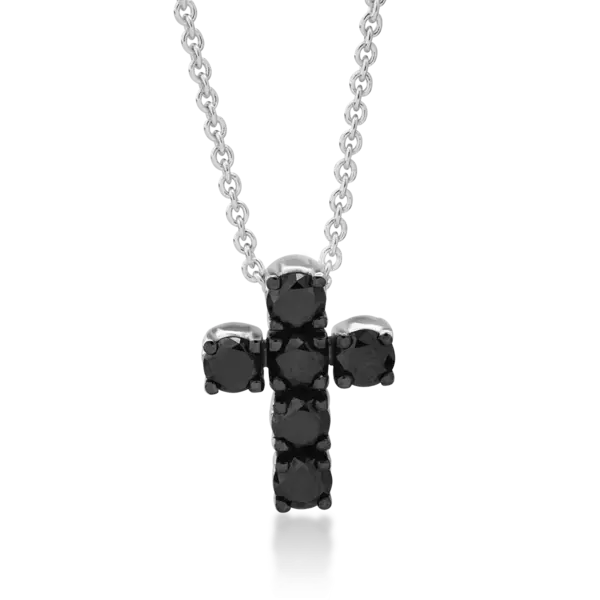 Lant cu pandantiv cruce din aur alb cu diamante negre de 0.64ct