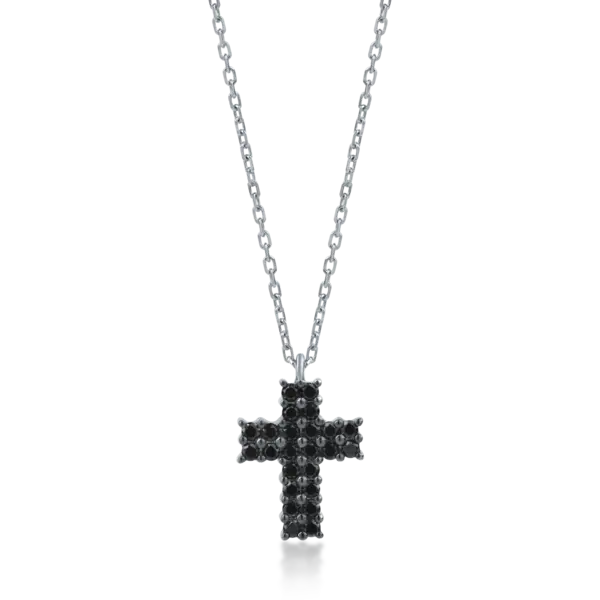 Lant cu pandantiv cruce din aur alb cu diamante negre de 0.84ct