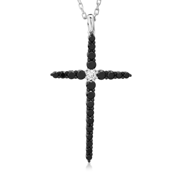 Lant cu pandantiv cruce din aur alb cu diamante negre de 1ct si un diamant alb de 0.09ct