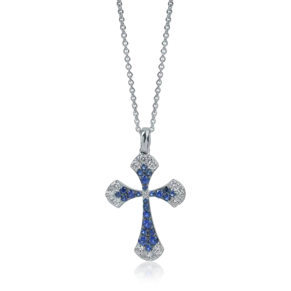 Lant cu pandantiv cruce din aur alb cu diamante si safire de 0.94ct