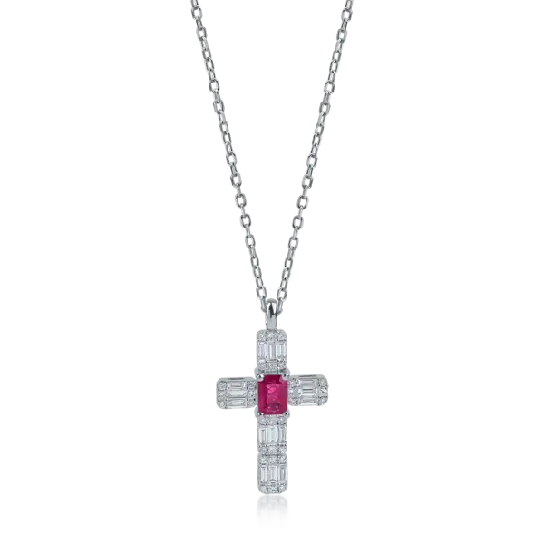 Lant cu pandantiv cruce din aur alb cu rubin baguette si diamante baguette si rotunde de 1.12ct
