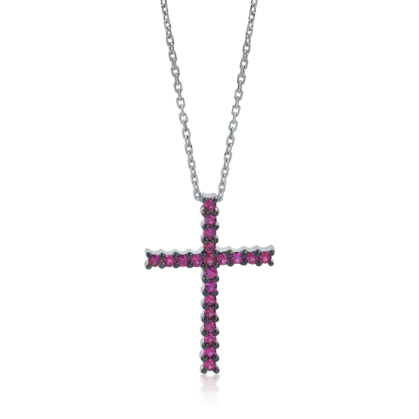 Lant cu pandantiv cruce din aur alb cu rubine de 0.42ct