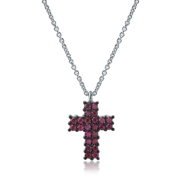 Lant cu pandantiv cruce din aur alb cu rubine de 0.65ct