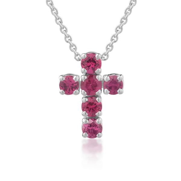Lant cu pandantiv cruce din aur alb cu rubine de 0.72ct