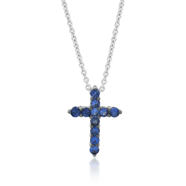 Lant cu pandantiv cruce din aur alb cu safire de 0.35ct