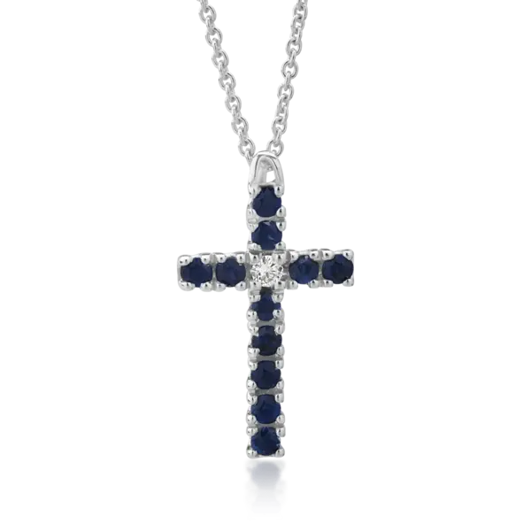 Lant cu pandantiv cruce din aur alb cu safire de 0.42ct si un diamant de 0.04ct
